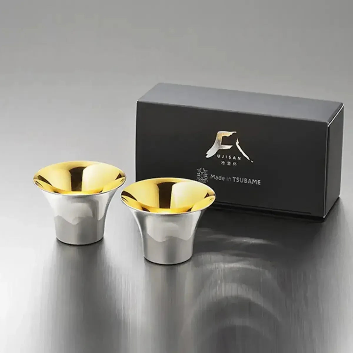 Fuji Sake Cup Set of 2 - Stainless Steel Gold and Silver Made in TSUBAME