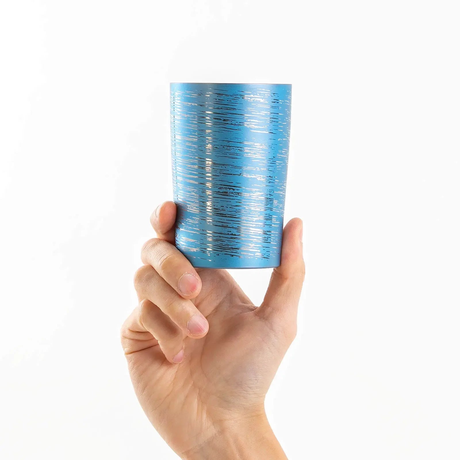 Lightweight 270ml blue titanium tumbler, hand-held front view, HORIE Shirakaba Series