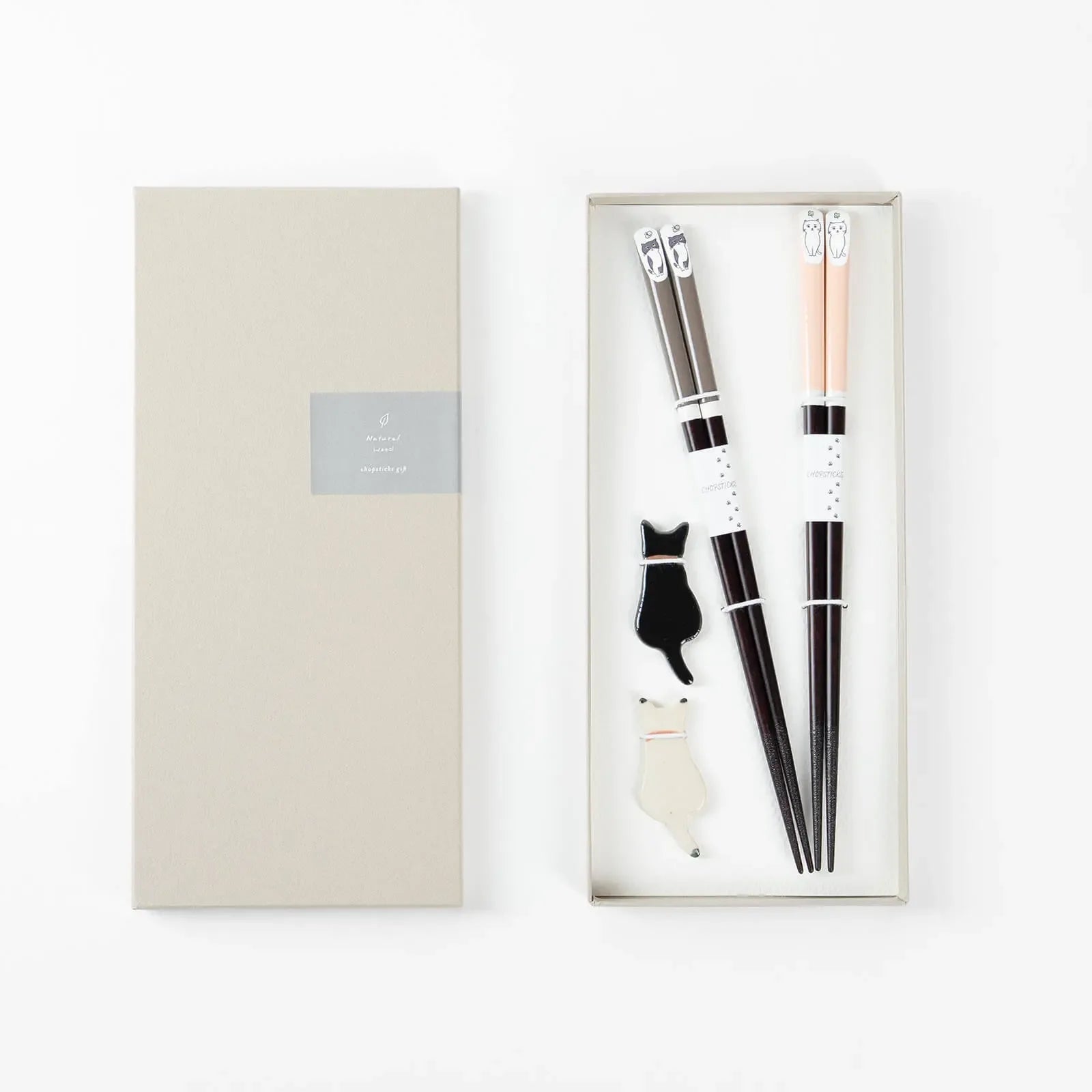Japanese chopsticks gift set in gray and pink, 23cm, with matching ceramic chopstick rests.