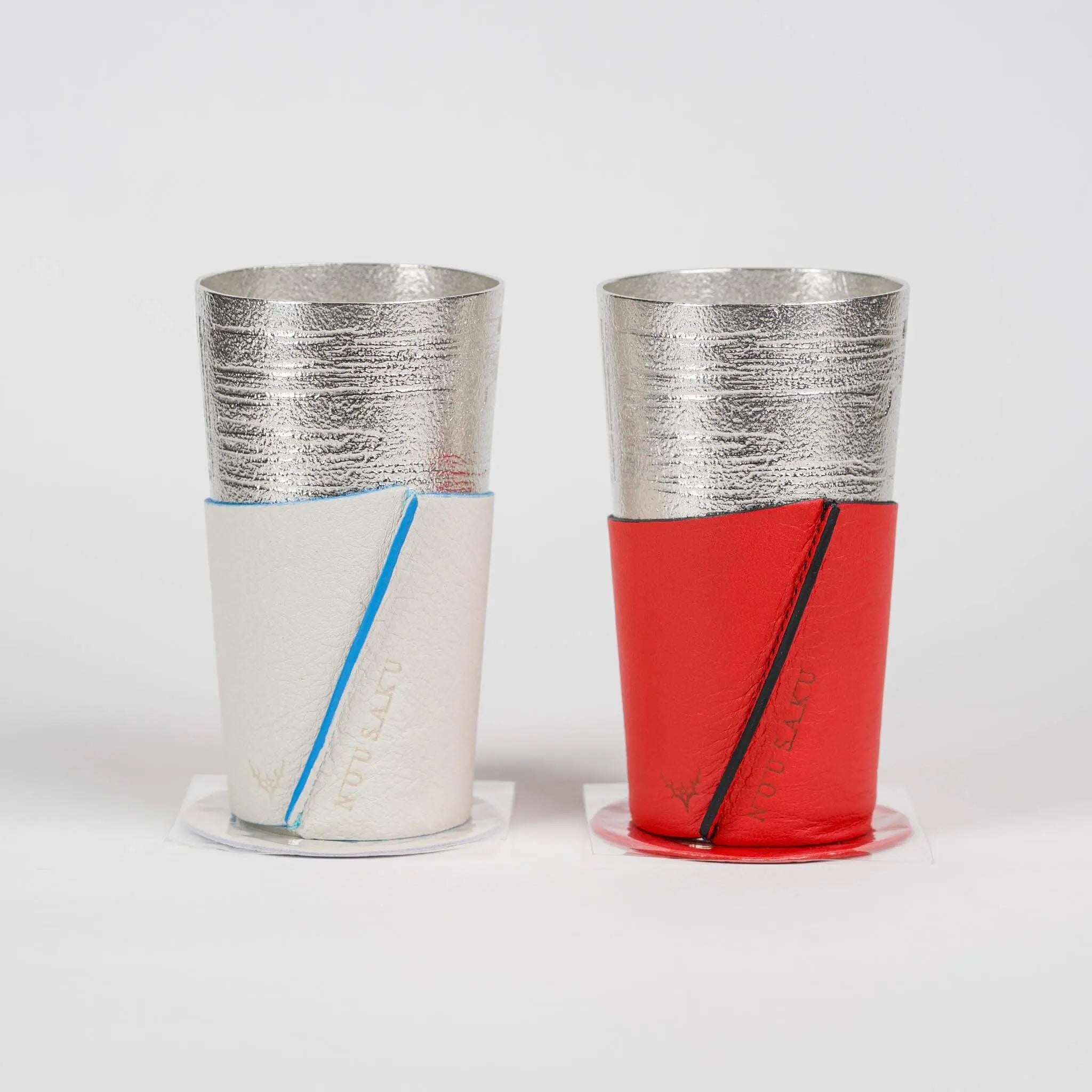 Nousaku Tin Beer Tumbler Set - Birch Bark Texture & Leather Sleeves KyotoLux
