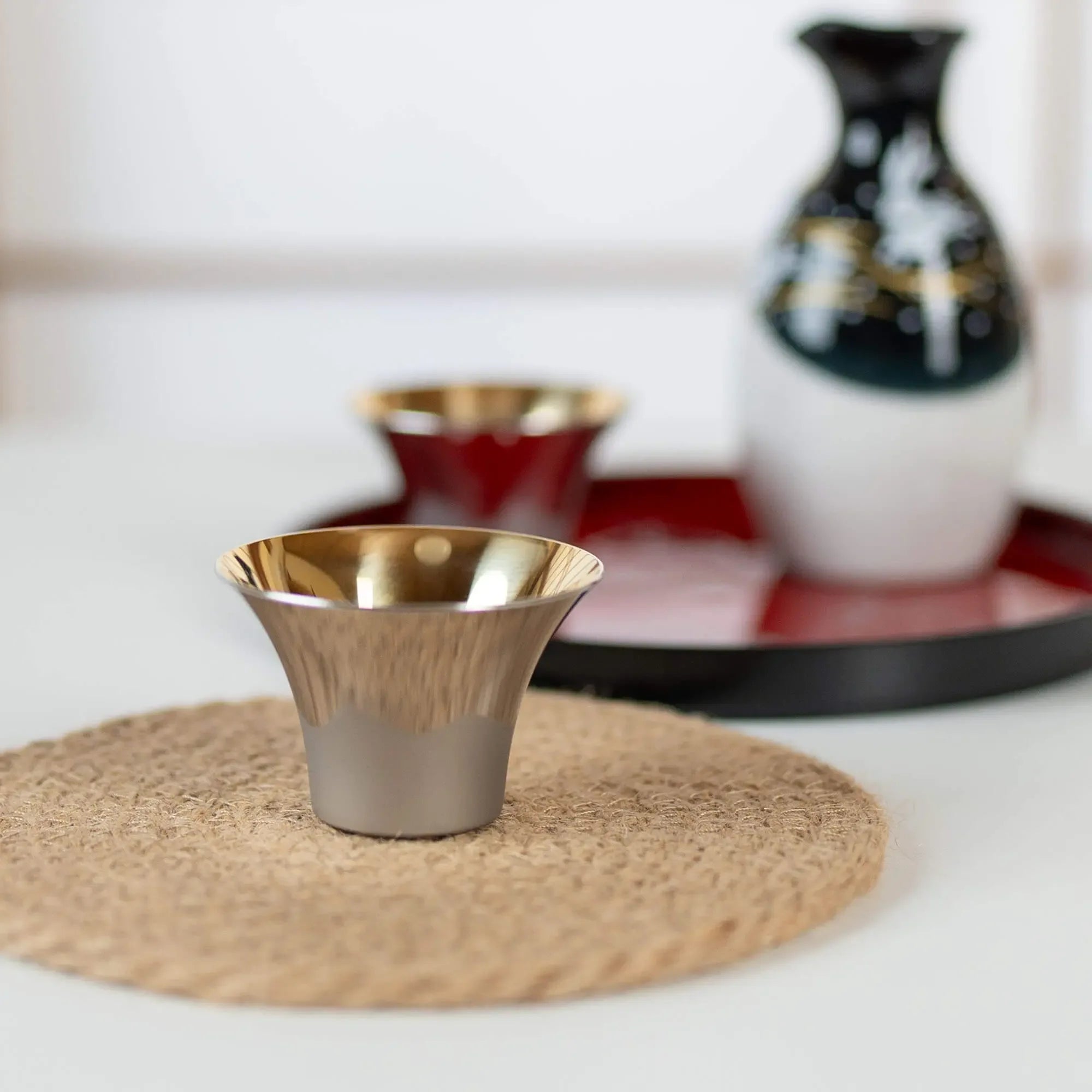 Fuji Sake Cup Set of 2 - Stainless Steel Gold and Silver Made in TSUBAME