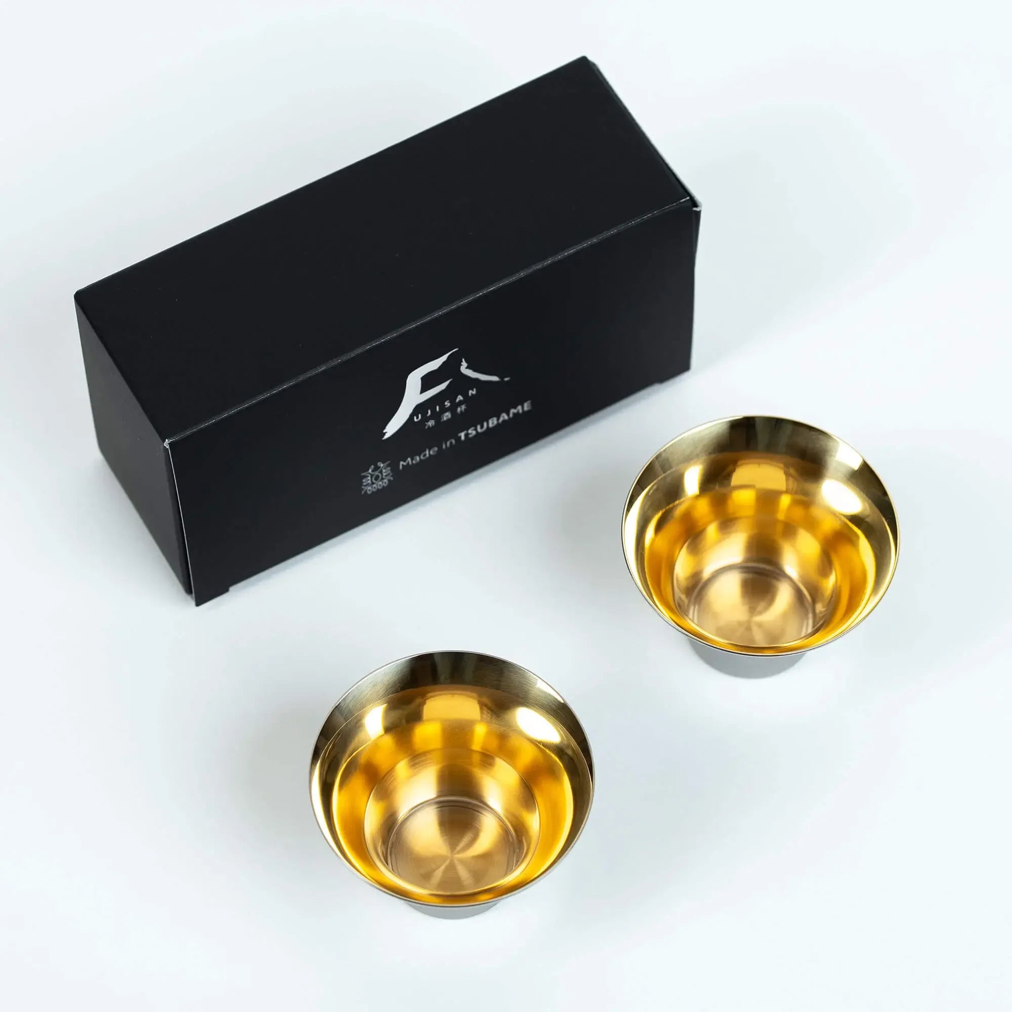 Gold interior stainless steel sake cup with Fuji design